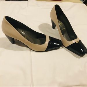 Bruno Magli Beige and Black Leather Mid-Heel Pumps